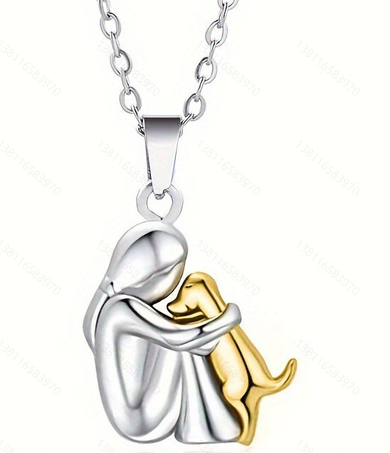 A little girl and a dog embrace earrings