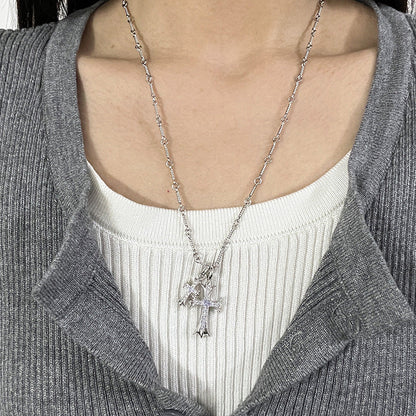 Punk hip-hop Thai silver plated 22K white gold double cross color diamond necklace sweater chain