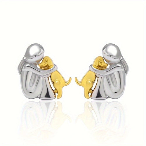 A little girl and a dog embrace earrings