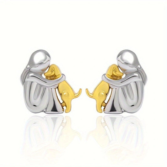 A little girl and a dog embrace earrings