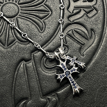 Punk hip-hop Thai silver plated 22K white gold double cross color diamond necklace sweater chain