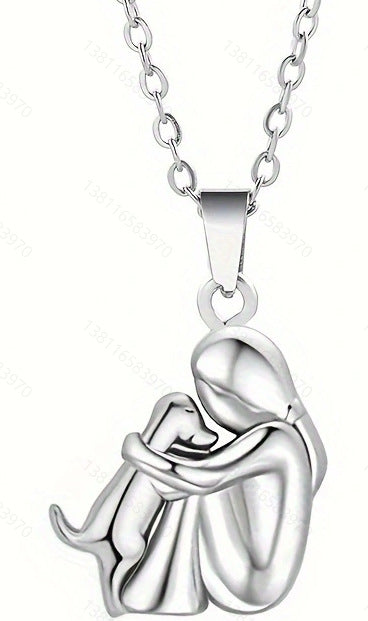 A little girl and a dog embrace earrings